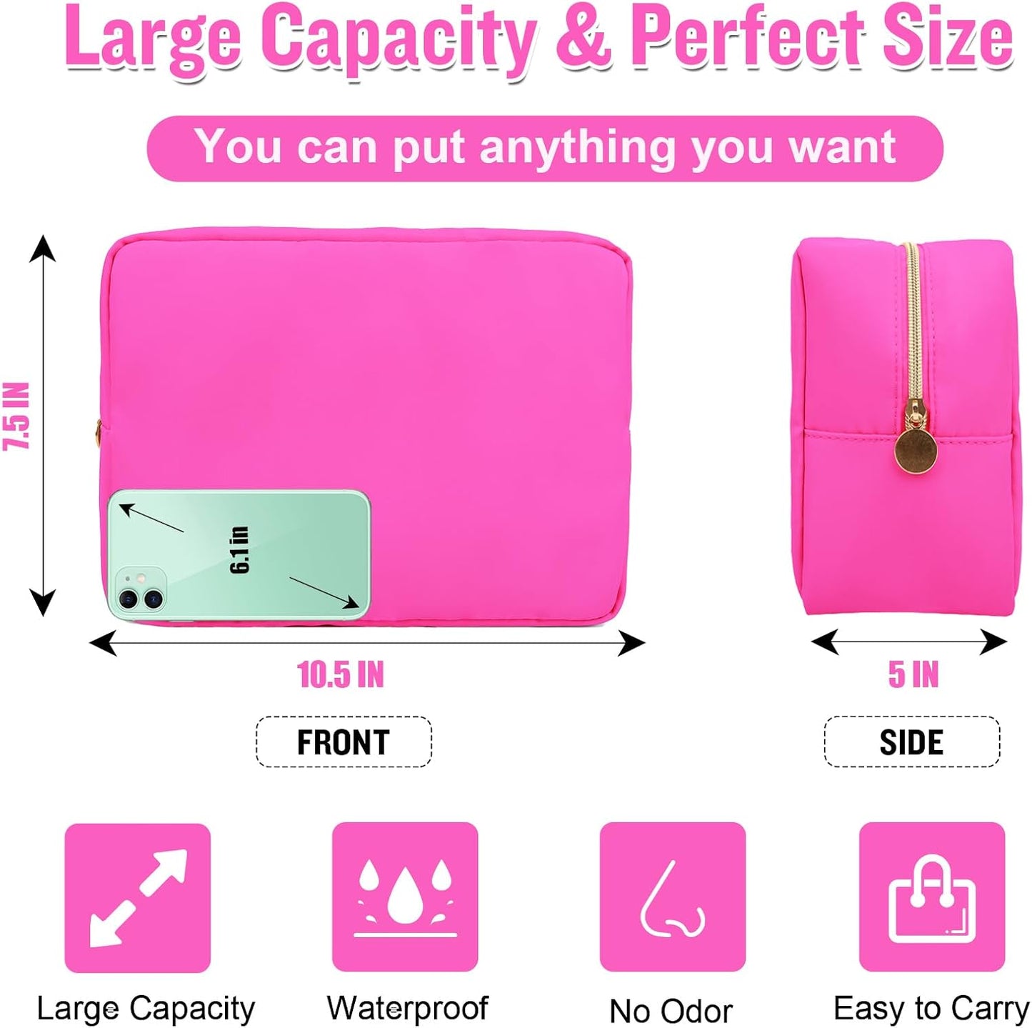Nylon Large Makeup Bag Travel Cosmetic Bag Pouch, Preppy Big Makeup Bag Cute Cosmetic Zipper Pouch Purse, Waterproof Toiletry Bag Clutch Makeup Organizer Travel Essentials for Women Girls(Hot Pink)