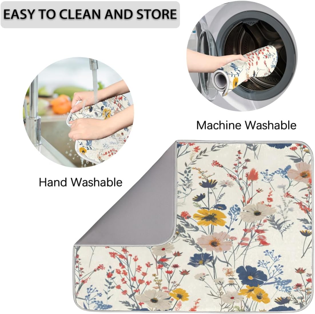 Hexteria Flower Dish Drying Mat for Kitchen Counter, Accessories Dish Rack Mat Drainer Pad Washable Microfiber Drying Mat, Vintage Plants Herbs Floral