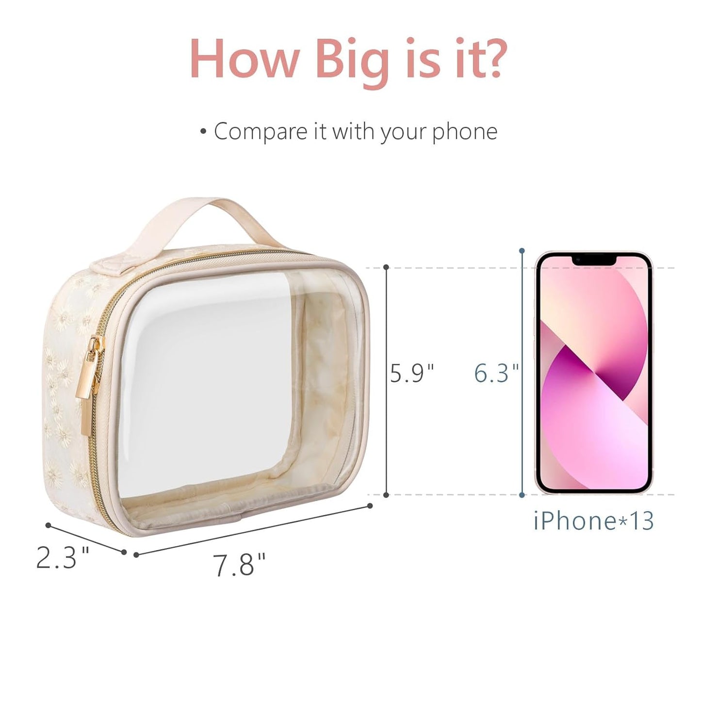 PACKISM Floral Texture TSA Approved Toiletry Bag - 180° Large Opening Clear Makeup Bags with Handle, Easily Access, Quart Size Travel Bag TSA Approved, Thick Non-deformable No Smell, Beige