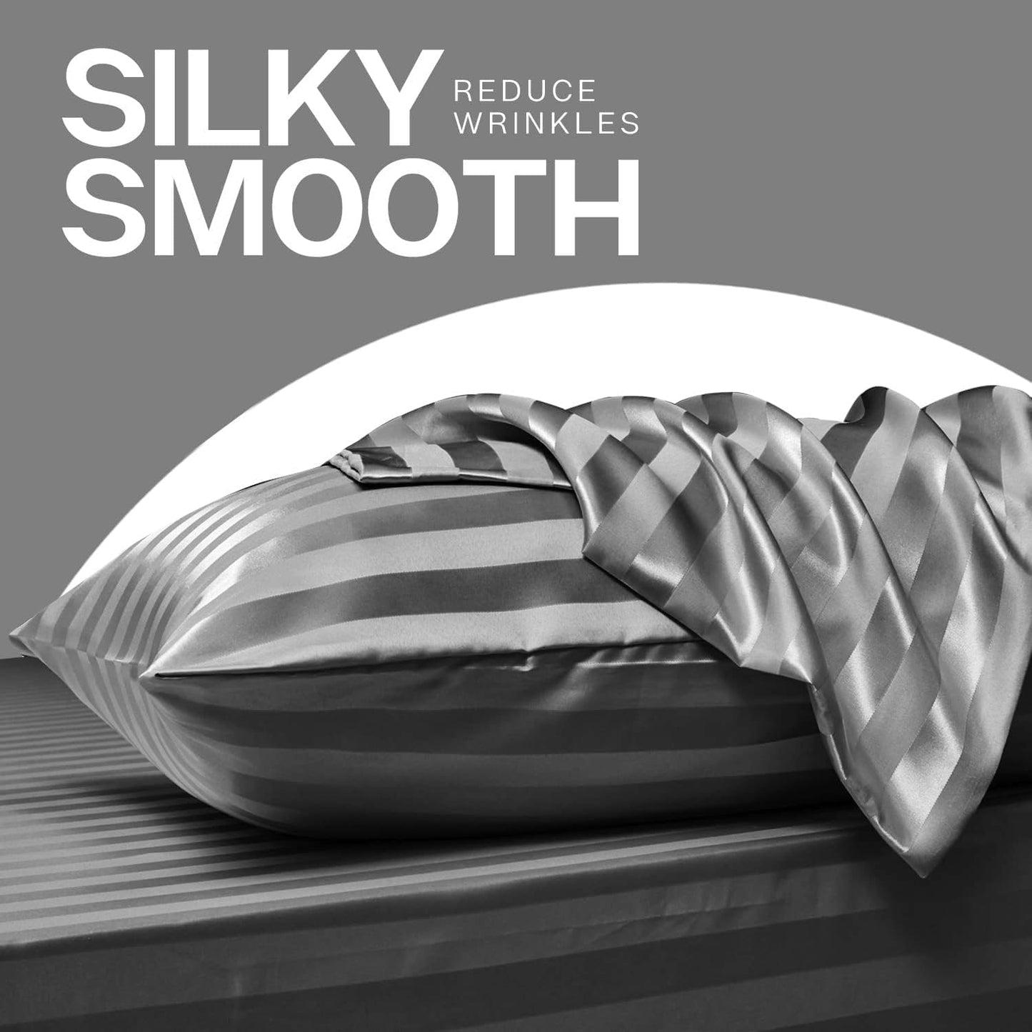 MR&HM Satin Pillowcase for Hair and Skin, Silk Satin Pillowcase 2 Pack, King Size Pillow Cases Set of 2, Silky Pillow Cover with Envelope Closure (20x36, Dark Grey Striped)