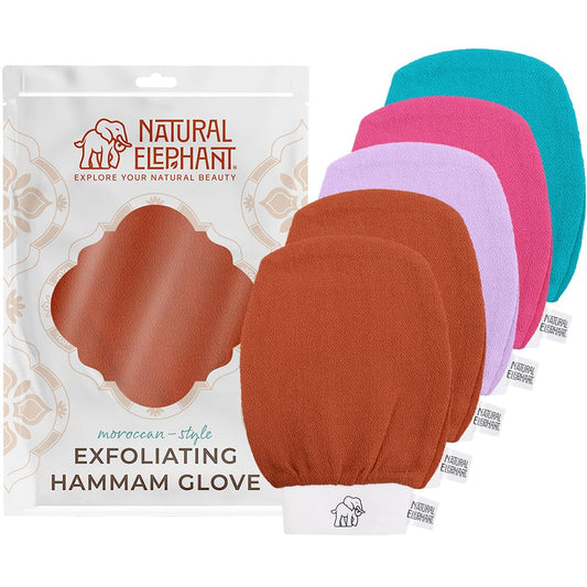 Natural Elephant Exfoliating Hammam Glove - Face and Body Exfoliator Mitt 5 and 10 Packs (2 Orange, 1 Teal, 1 Lilac, 1 Pink (Pack of 5))