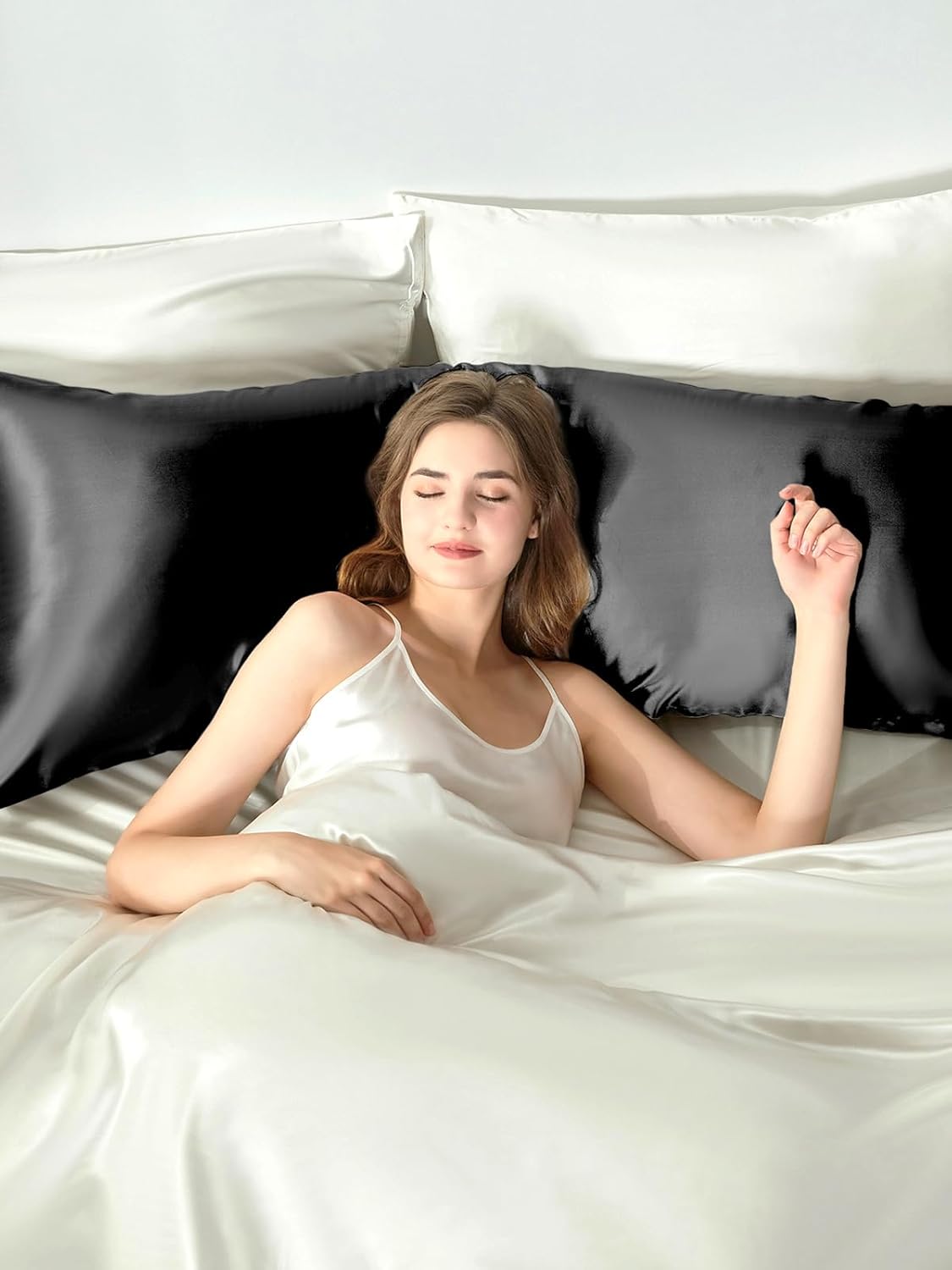 THXSILK Set of 2 Silk Pillowcase for Hair and Skin, 100% Mulberry Silk Bed Pillowcase Ultra-Soft, Hypoallergenic Soft Breathable Silk Pillow Case with Hidden Zipper, Body Size 20"x54", Black