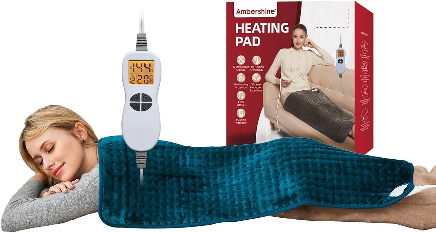 Ambershine 17''x33'' XXXL King Size Heating Pad with 12 Temperature Settings & 4 Auto-Off Countdown Timers, Pain Relief for Back/Neck/Shoulders/Abdomen/Legs, Christmas Gifts for mom dad (Dark Teal)