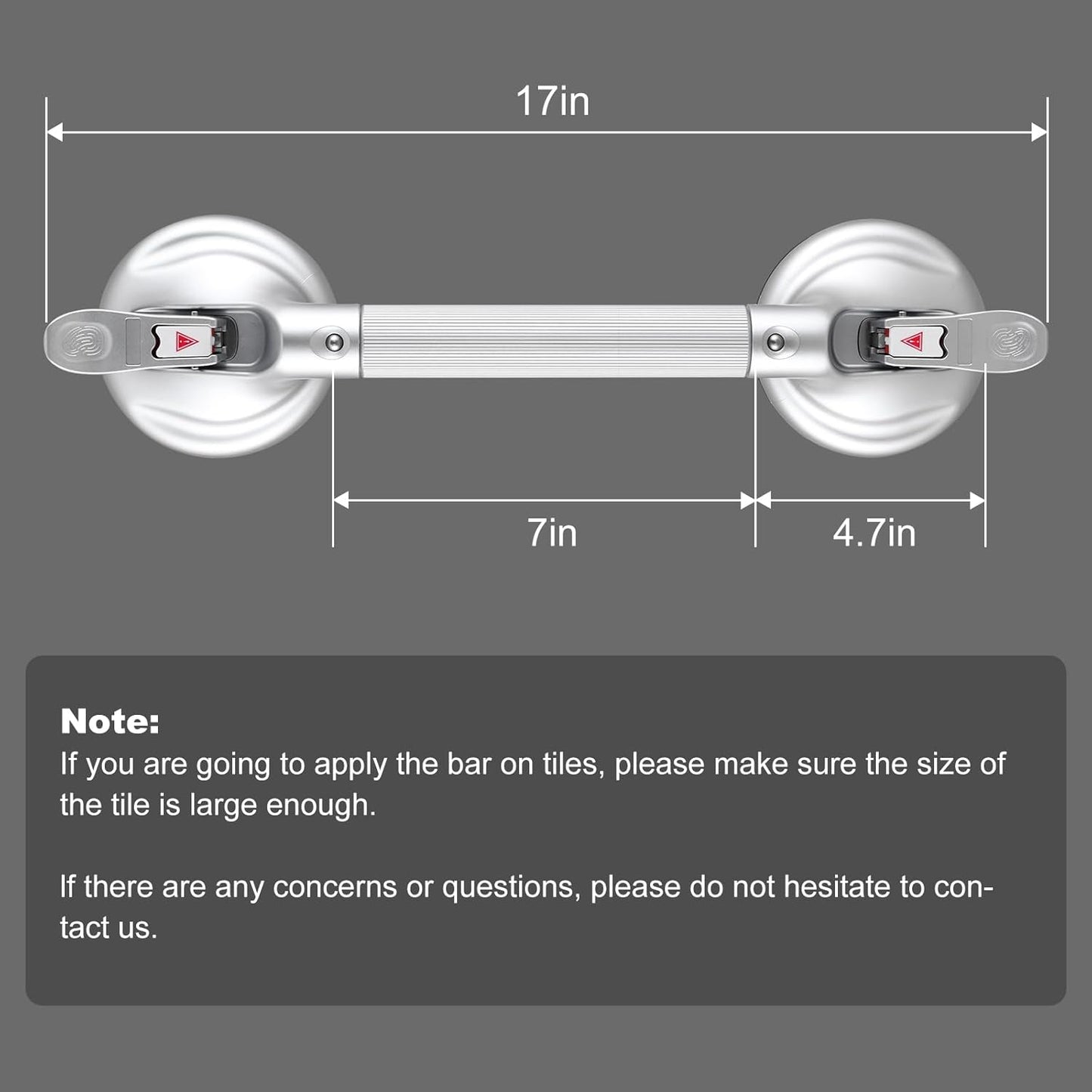 17-Inch Shower Handle - Upgraded Grab Bar with Strong Suction Cups for Bathtub & Shower Safety, Ideal for Seniors, Elderly, Disabled -Silver