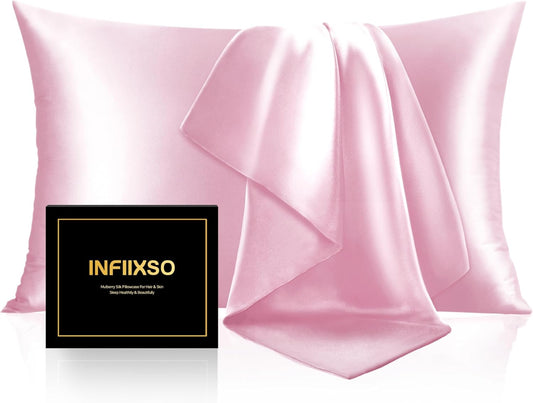 INFIIXSO Mulberry Silk Pillowcase for Hair and Skin, Silk Pillow Cases Queen Size with Hidden Zipper 20x30 Inches, Extraordinary Smooth and Soft Cooling Pillow Cases for Hot Sleepers(Pink, 1 Pack)