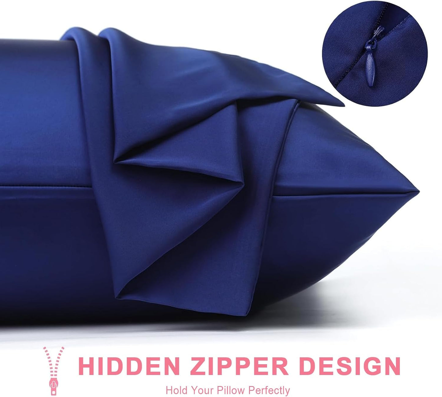 100% Silk Pillowcase 2 Pack for Hair and Skin, Both Sides 23 Momme Grade 6A+ Mulberry Silk Pillowcases with Hidden Zipper, Soft&Smooth Cooling Pillow Cases (Navy Blue, Queen 20×30)