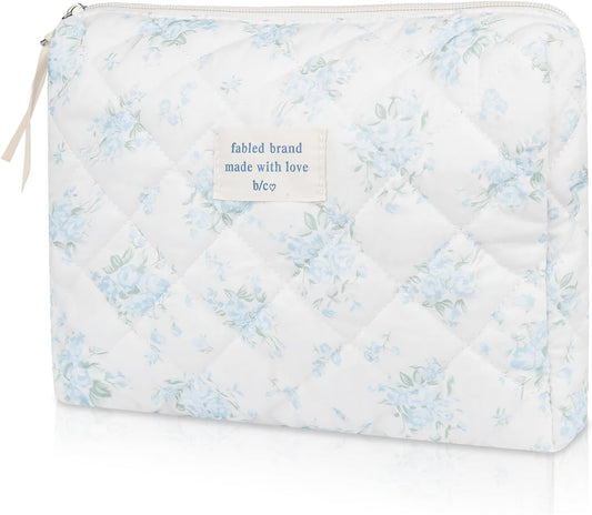 Floral Makeup Bag, Large Cosmetic Bag for Women Girls, Cute Cotton Makeup Pouch, Quilted Makeup Bags, Flower Travel Toiletry Organizer Bag(Blue Rose)