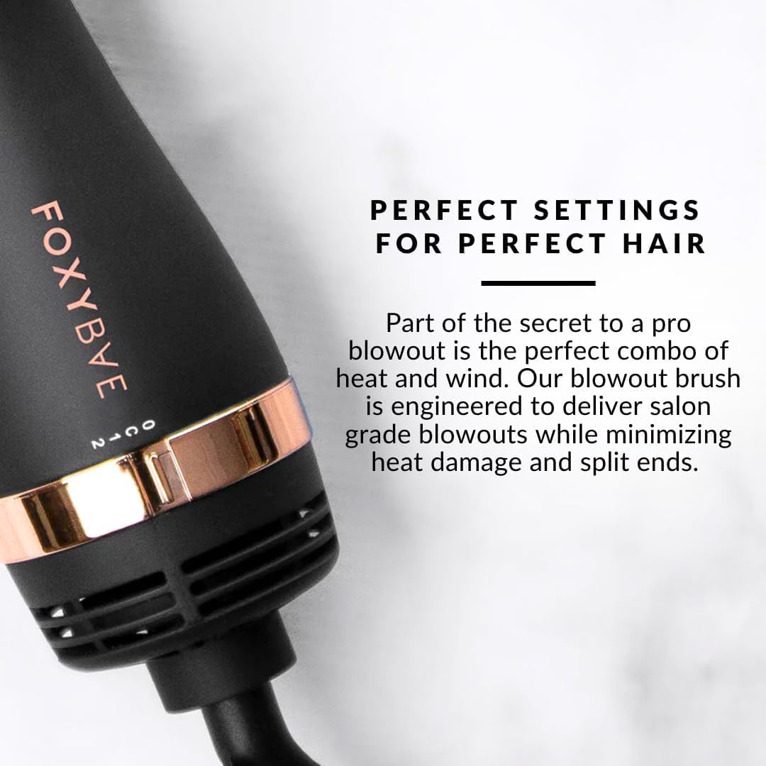 FoxyBae Blowout Hot Air Brush - 75mm Hair Dryer, Curler, Volumizer & Straightener - Ceramic Tourmaline Ionic Technology with Dual Bristles (Black Rose-Gold)