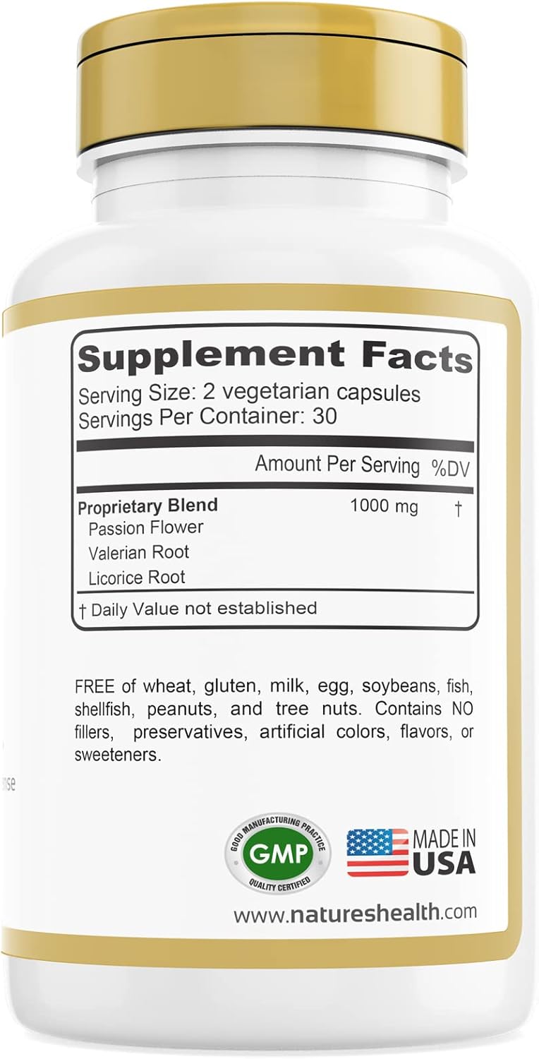 Nature's Health Calm and Composed – Valerian Root and Passion Flower Formula – Daily Stress Relief – Relaxation Supplement – 1000 mg per Serving – 60 Vegetarian Capsules