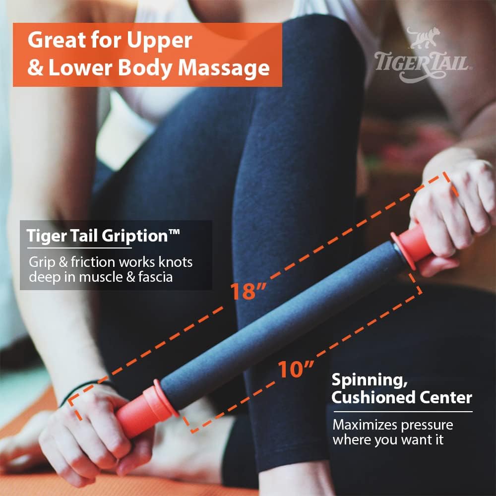 Tiger Tail 18in Massage Stick Portable Roller, Handheld, Deep Tissue Foam Roller, Body Massage and Myofascial Release Tool for Legs, Neck, Calves, Thighs, Shins & Back, The Original 18, Made in USA