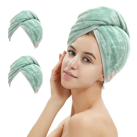 2 Pack Microfiber Hair Towel Wrap,Hair Drying Towel with Button, Hair Towel Turban,Head Towel to Dry Hair Quickly (Green&Green)