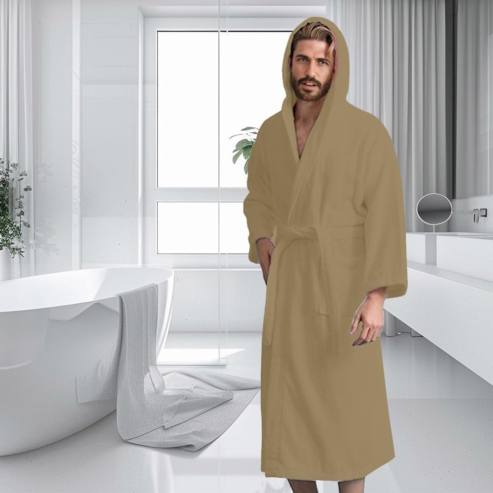 Men’s Hooded Bathrobe, 100% Cotton Terry Bathrobe, Spa Style Bath Robe, Absorbent Shower Robe, Lightweight Towel Bathrobes