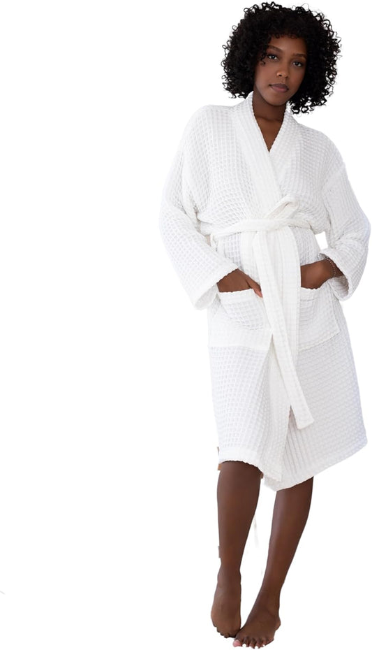 Womens Kimono Waffle Robe - Lightweight 100% Turkish Cotton Housecoat for All-Day Lounging - Bathrobe for Shower