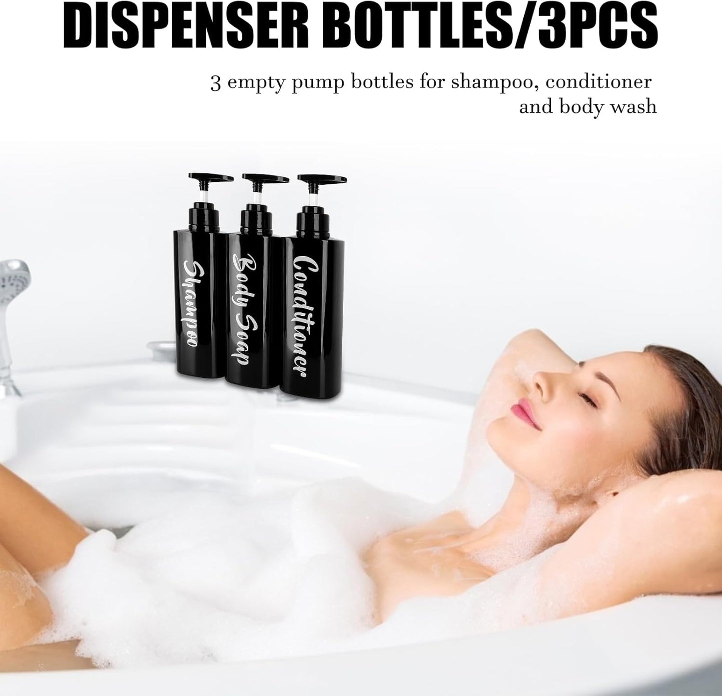 16.9oz Shampoo and Conditioner Bottles Set of 3-Printed Shower Soap Dispenser Plastic Shampoo Bottles Refillable with Pump - Shampoo Conditioner Body Wash Dispenser for Bathroom Shower Black