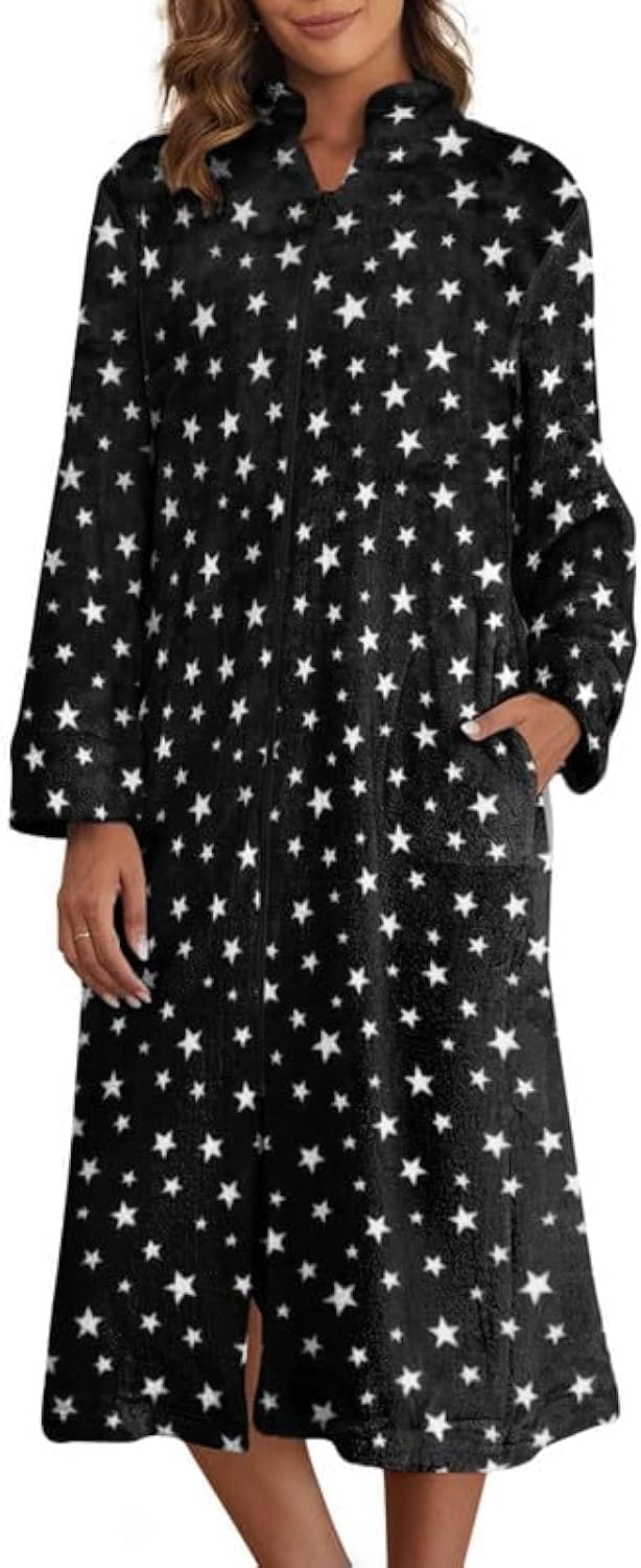 Ekouaer Women's Zip Up Robe Fleece Bathrobe Long Zipper Lounger Warm Housecoat Long Sleeve Nightgown with Pockets S-XXL