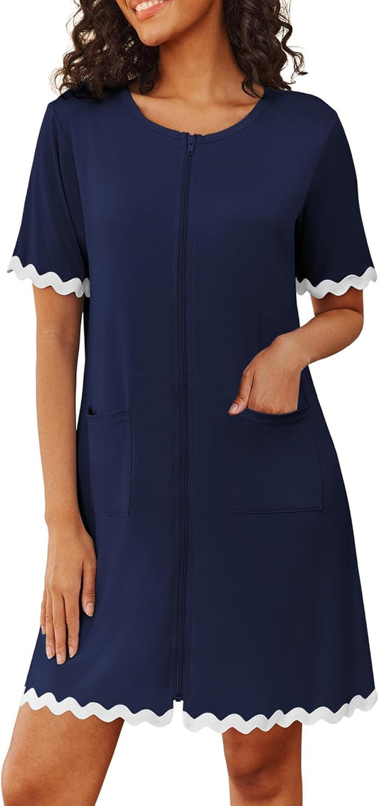 Ekouaer Women Zip Up Robe Lightweight Housecoats with Pockets Knee Length Short Bathrobes Soft Nightgown S-3XL
