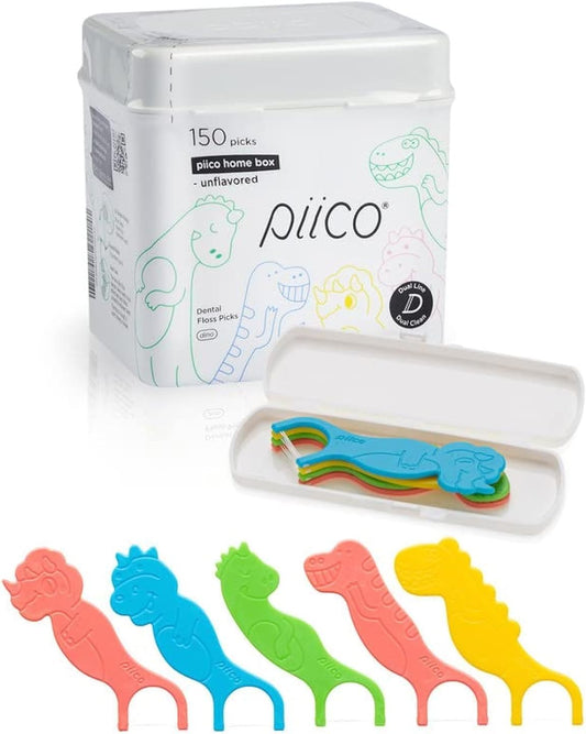 Piico No Flavor Kids Floss - No Fluoride Dual Line Dental Floss Picks - Fun Oral Care in Colorful Floss Sticks Design - Kids Flossers Prevent Tooth Decay & Gum Disease - 150 Homebox Dino & Travel Case