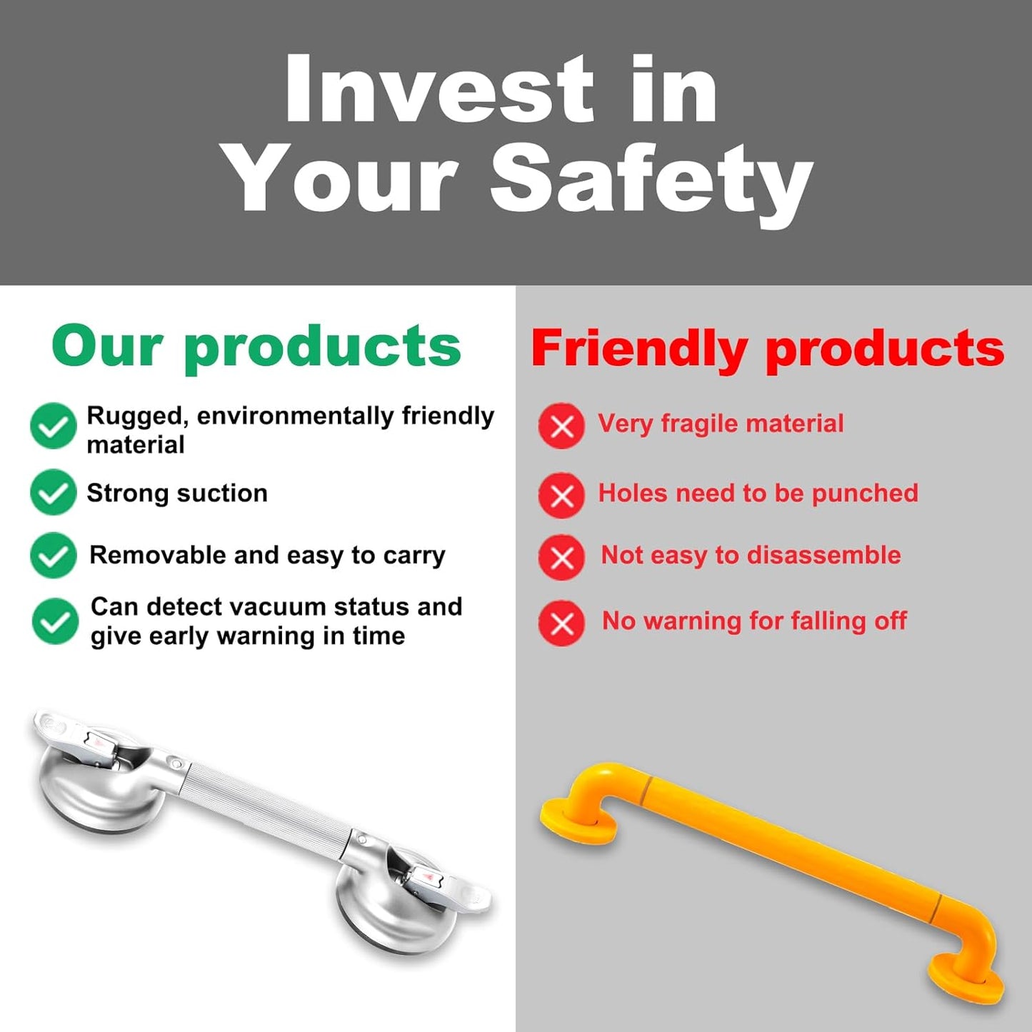 17-Inch Shower Handle - Upgraded Grab Bar with Strong Suction Cups for Bathtub & Shower Safety, Ideal for Seniors, Elderly, Disabled -Silver