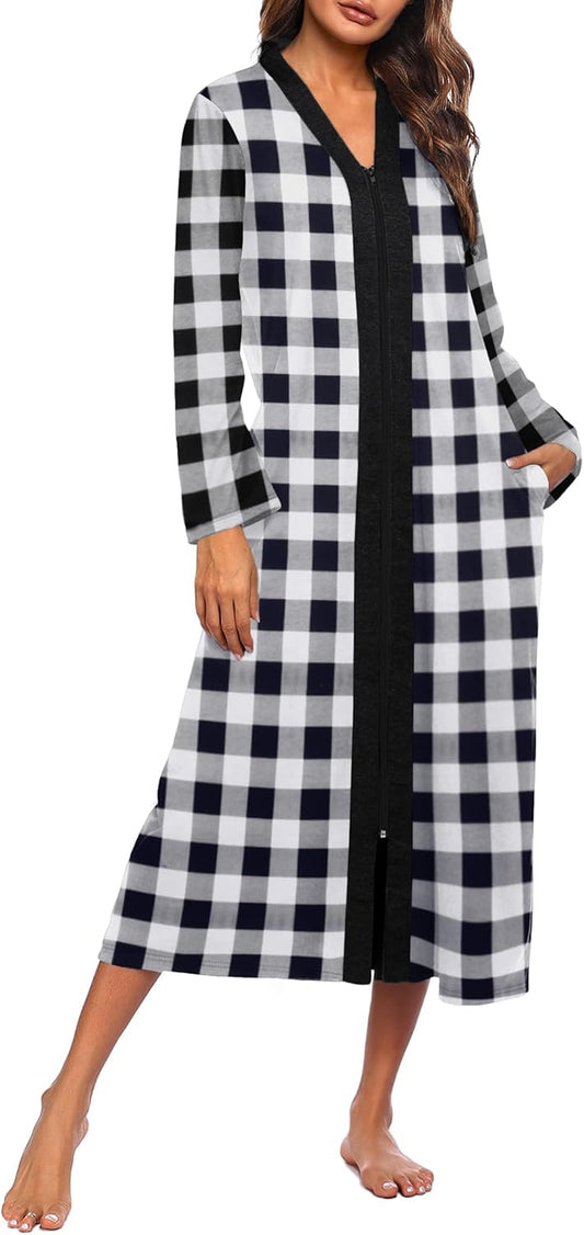 Ekouaer Women Zipper Robe Long Sleeve Loungewear Lightweight Housecoat Full Length Nightgown with Pockets