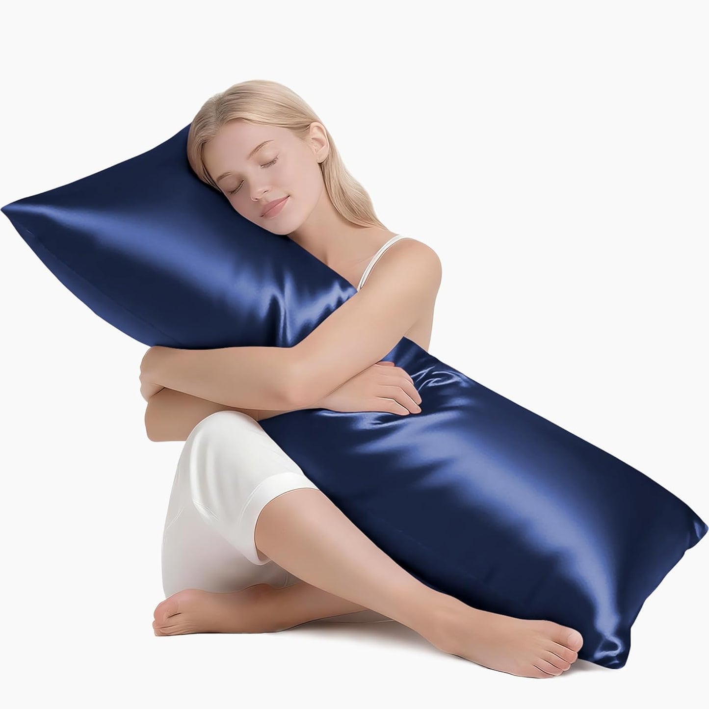 MR&HM Satin Body Pillow Cover, Soft and Breathable Body Pillow Case with Envelope Closure, Cooling and Silky Long Pillowcase for Hair and Skin,Grey (20x54, Navy Blue)