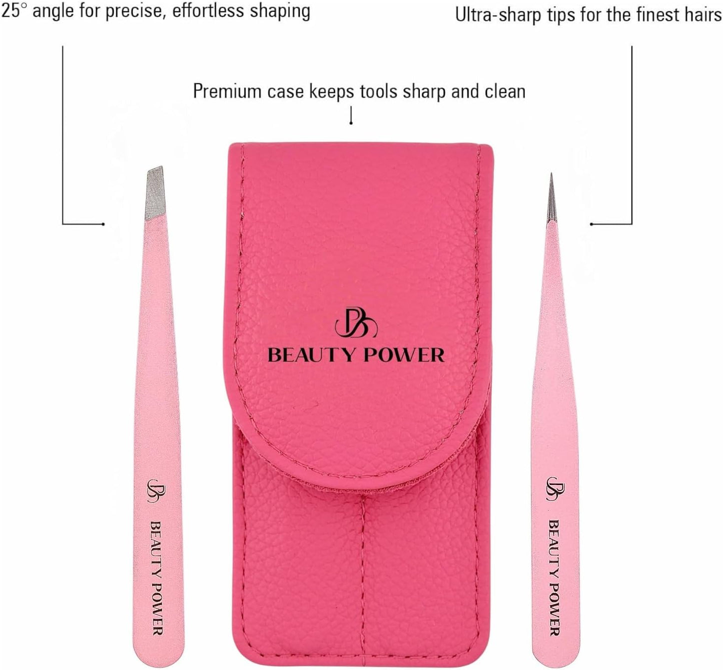 Professional Tweezers Set – Slant & Point, Ultra Precision German Stainless Steel Tweezers for Eyebrows, Chin, Ingrown Hair & Facial Grooming – Lightweight with Travel Case (Pink)