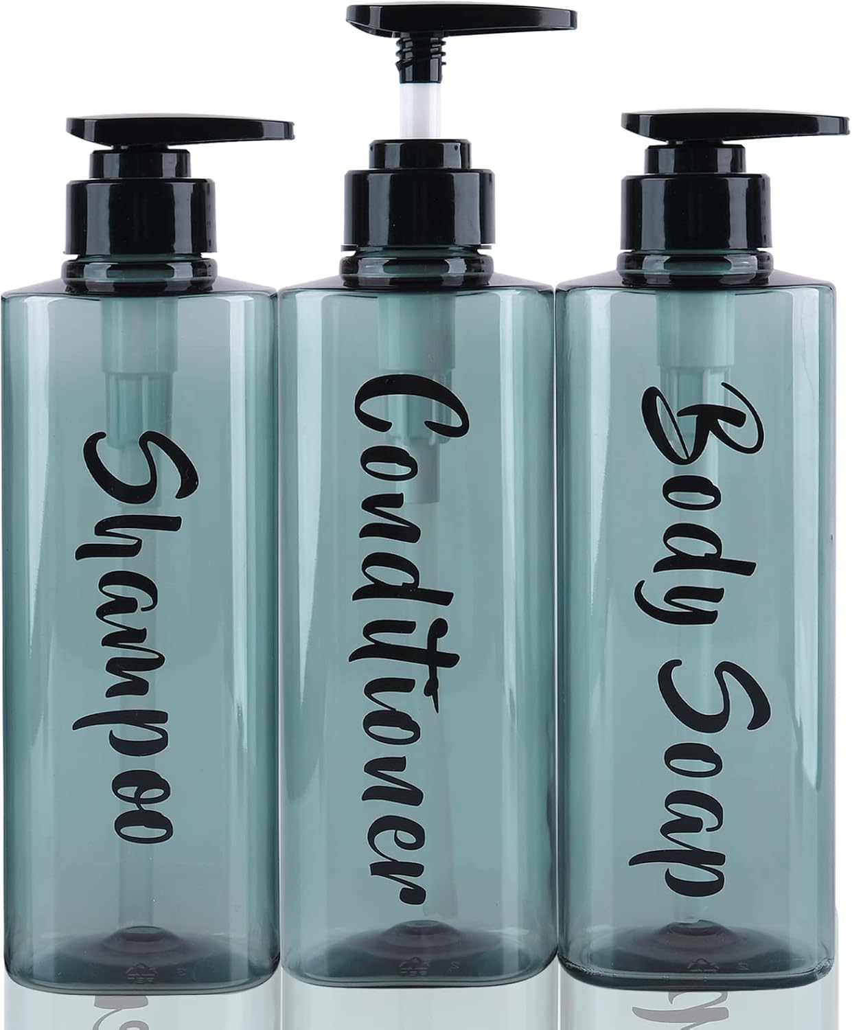 16.9oz Refillable Shower Soap Dispenser with Pump - 3 Chamber No Drill for Shampoo, Conditioner & Body Wash, Blue Clear Plastic Bottle Dispenser, Bathroom Organizer with 6 Waterproof Labels