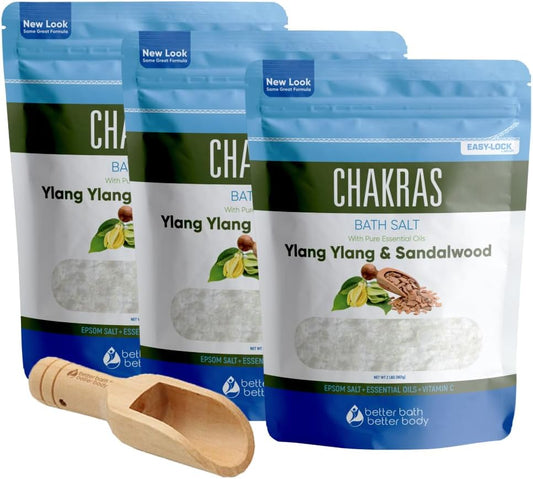 Chakras Bath Salt (3 Pack with Scoop) USP Epsom Salt with Natural Ylang Ylang and Sandalwood Essential Oils Plus Vitamin C in BPA Free Pouch with Easy Press Lock Seal Made in USA Bundle 6 Lbs Total