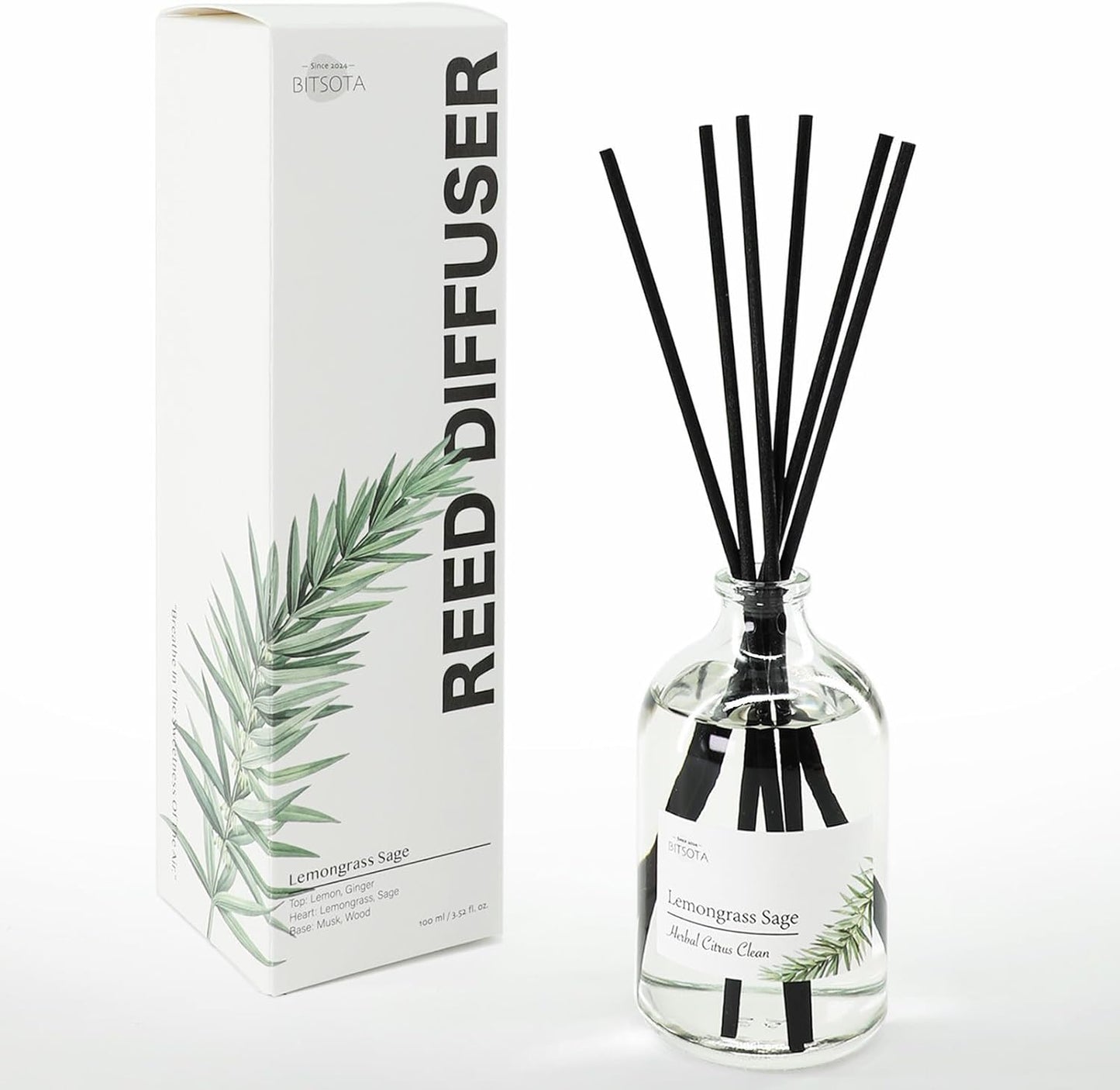 Reed Diffuser Set, 3.52 oz (100ml) Scented Diffuser with Sticks Home Fragrance Reed Diffuser for Bathroom Shelf Decor, Ideal Gift for Woman (Lemongrass Sage)