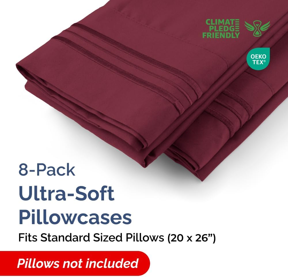 Standard Pillow Cases Set of 8 - Ultra Soft Hotel Quality Pillowcase Covers - Comfy, Cozy & Wrinkle Free - Shrink, Stain & Fade Resistant - Machine Washable Pillow Protectors - 8 Piece Set - Burgundy