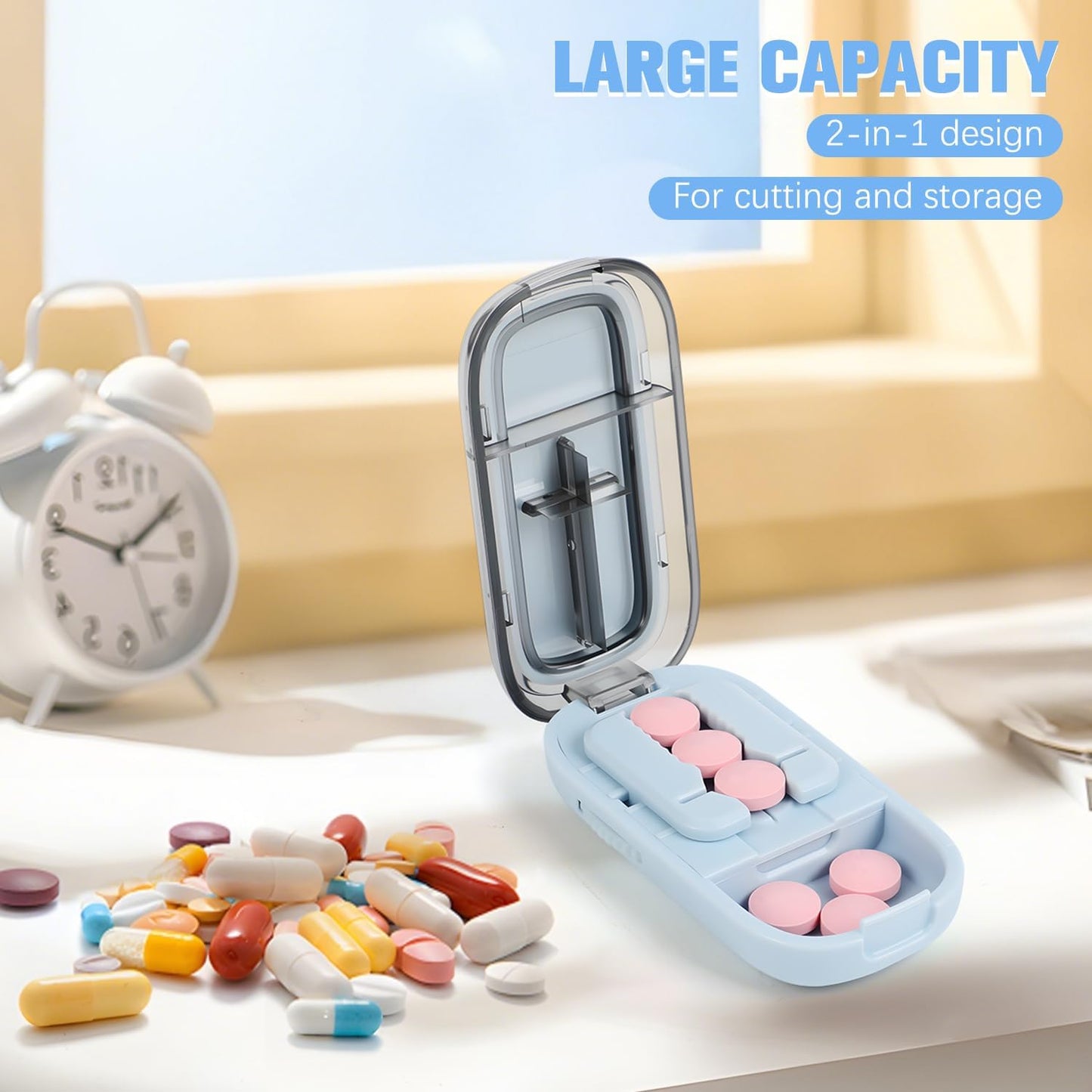 Pill Cutter Splitter for Small and Tiny Pills, Larger Pills, Echu Pill Cutter, Adjustable 1/2 1/4 Splitter with Improved Sharp Blade, Accurate Centering Alignment Device (Blue)