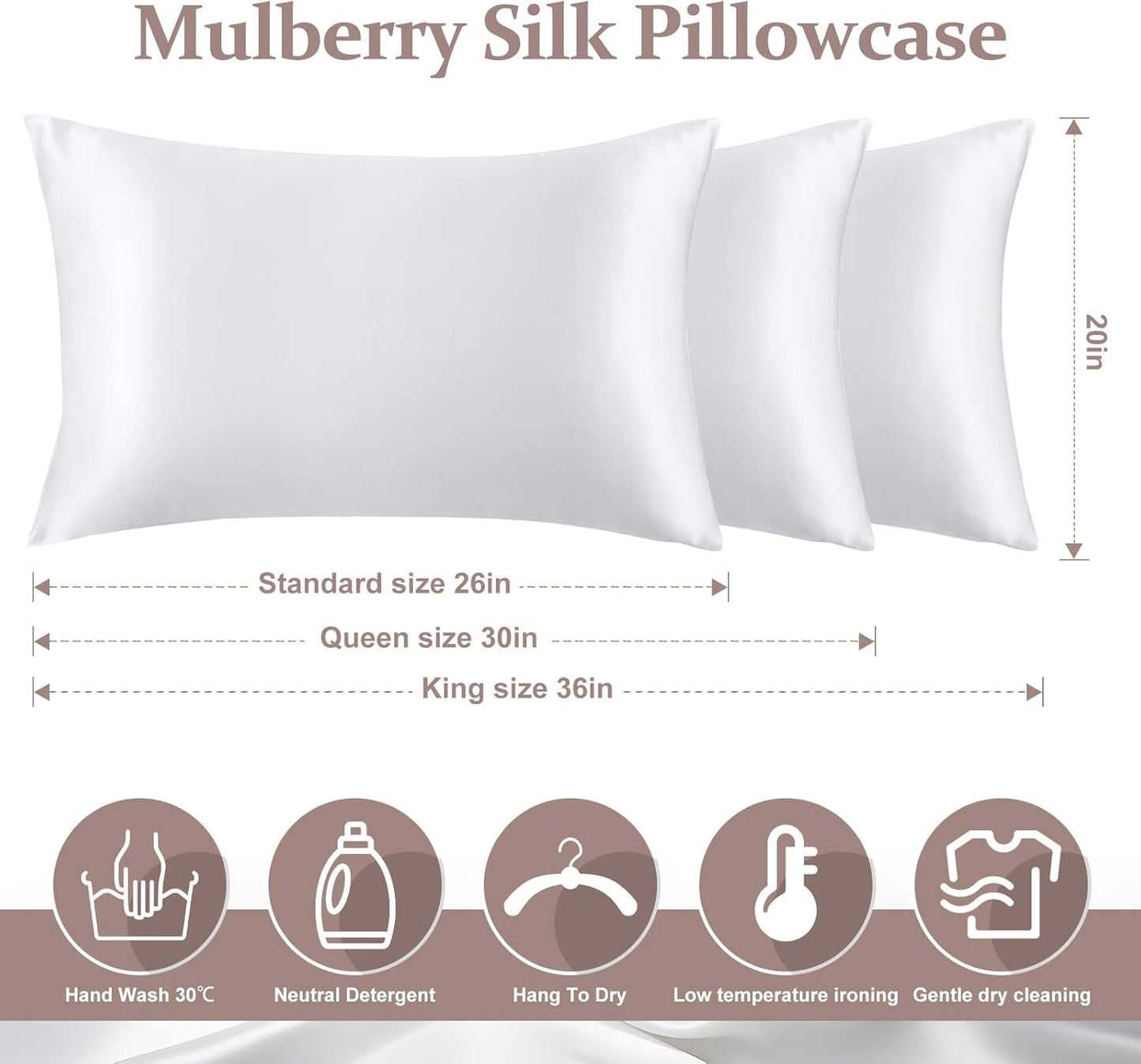 100% Pure Silk Pillowcase for Hair and Skin, Both Sides Mulberry Silk Pillowcases with Hidden Zipper, Cooling Pillowcase 19 Momme, 600 Thread Silk Pillow Cases Standard Size, 2PCS, White