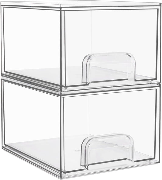 Vtopmart 2 Pack Small Clear Stackable Storage Drawers,Acrylic Bathroom Makeup Organizer,Plastic Storage Bins For Vanity, Undersink, Kitchen Cabinets, Pantry, Home Organization