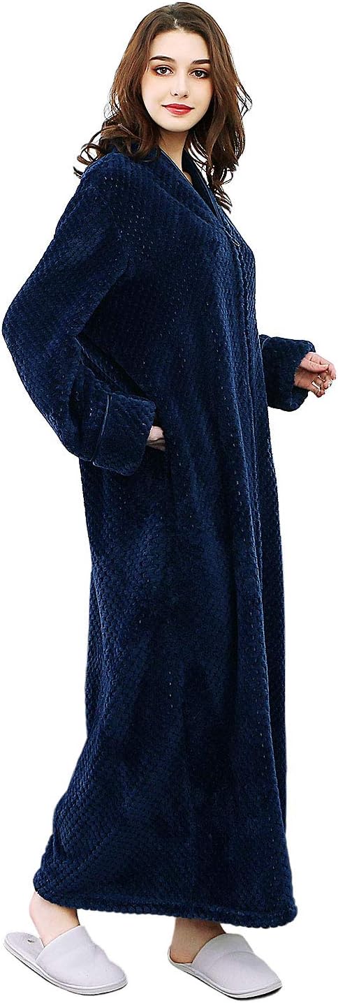 Artfasion Womens Fleece Robe Plush Long Zip Front Bathrobe with Pockets Warm Soft Zippered Bathrobes for Women