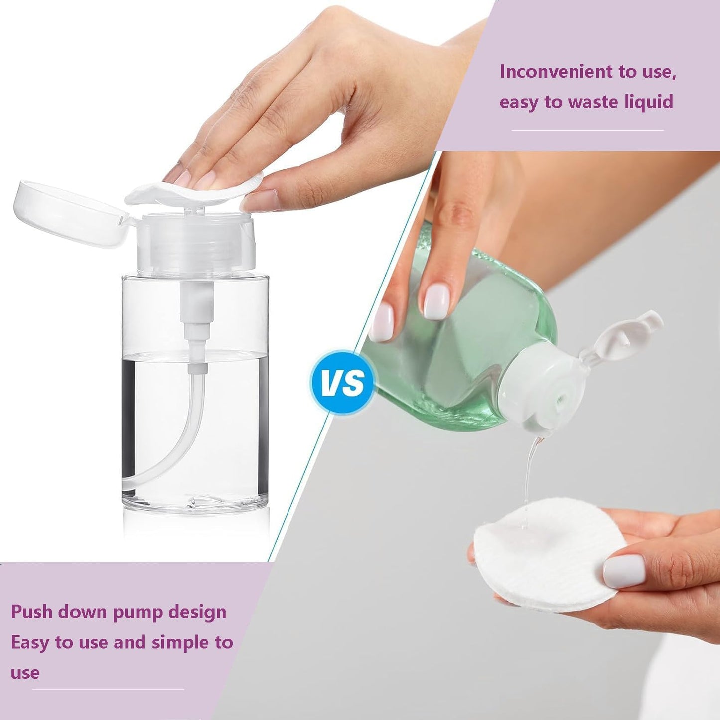 Push Down Pump Dispenser, 6.8oz Clear Pump Bottles with Alcohol, Acetone, Nail Polish Remover, Makeup Remover, Toner Stickers Empty Push Top Container for Liquid (200ml-2Pack)