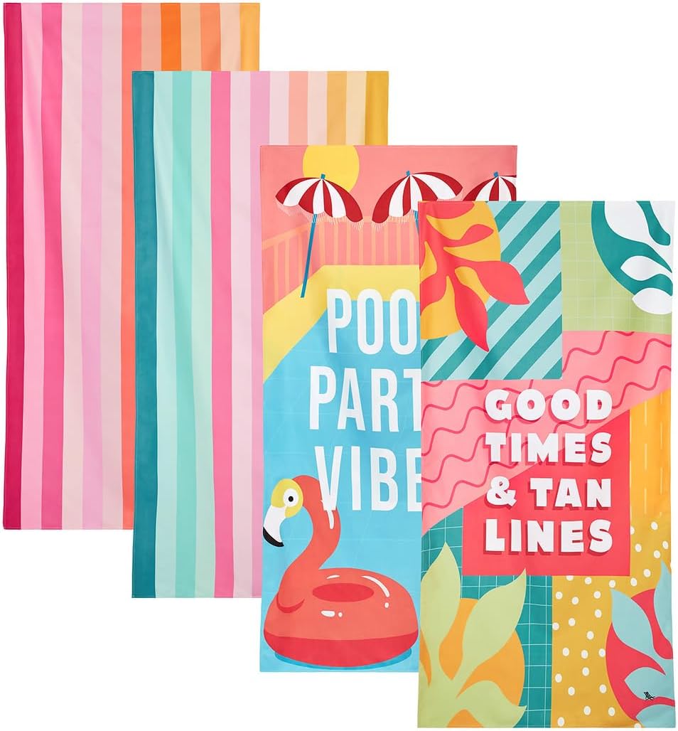 Dock & Bay Beach Towel - Quick Dry, Sand Free - Compact, Lightweight - 100% Recycled - Includes Bag - Party in Pink - Set of 4 - Extra Large (200x90cm, 78x35)