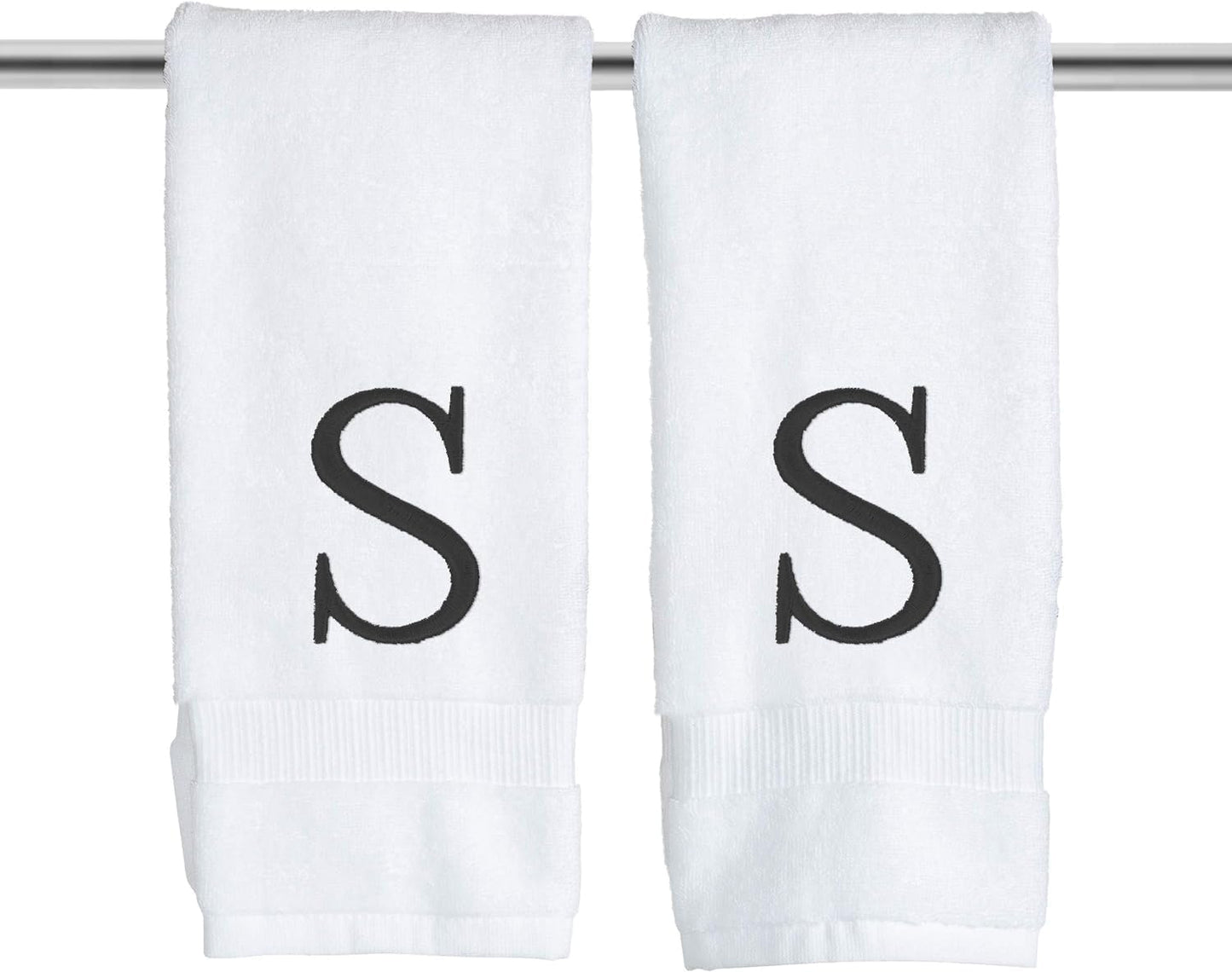 Black Letter Hand Towel for Bathroom - Monogrammed Initial Hotel Quality Decorative Embroidered Towel for Powder Room, Spa - GOTS Organic Certified - Set of 2 Letter S