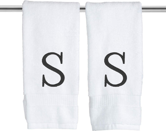 Black Letter Hand Towel for Bathroom - Monogrammed Initial Hotel Quality Decorative Embroidered Towel for Powder Room, Spa - GOTS Organic Certified - Set of 2 Letter S