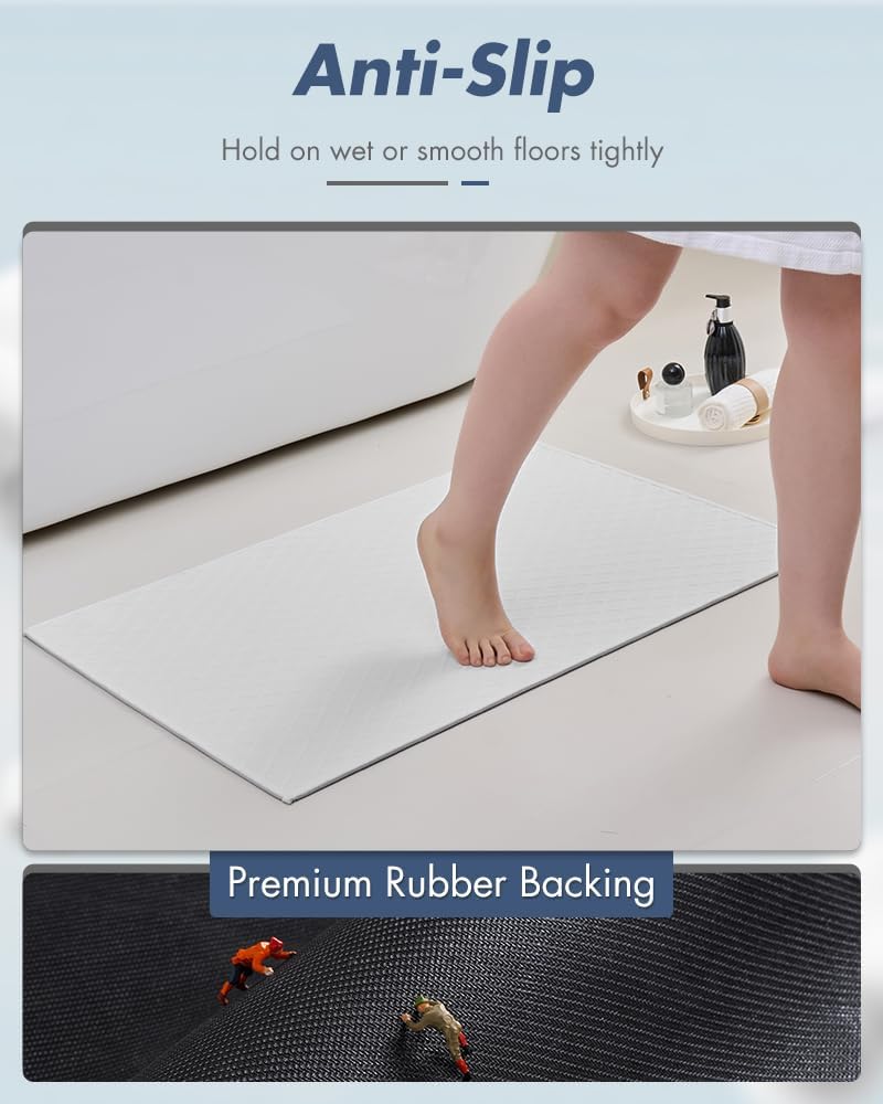 AMOAMI Ultra Thin Bathroom Mat Runner Rug, Rubber Backed Non Slip, Absorbent, White, 24" x 71"