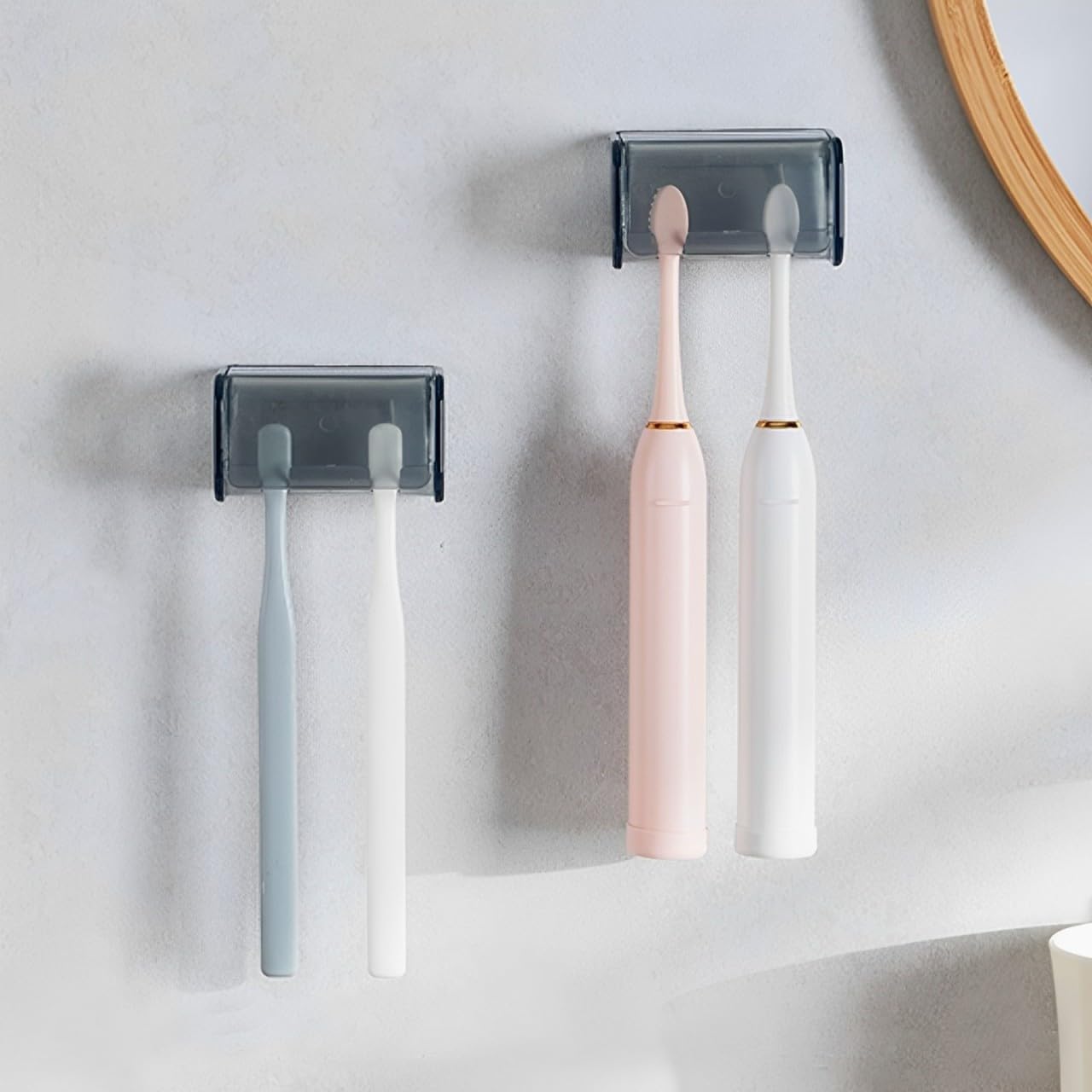 2 PCS Wall-Mounted Toothbrush Holder with Cover, 2-Slot Organizer for Bathroom, Shower, Dorm, Cabinet (Clear)