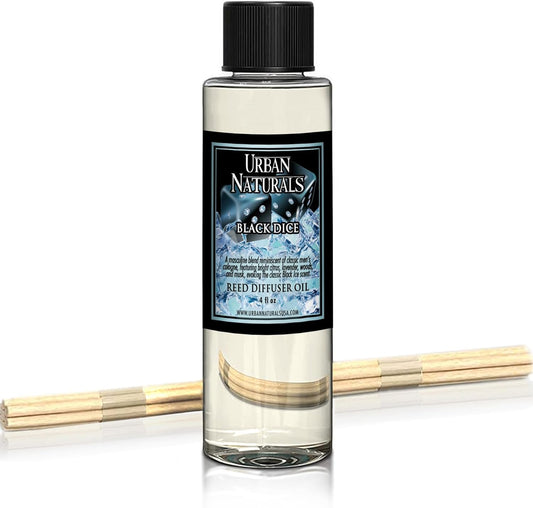 Urban Naturals Black Dice Scented Oil Reed Diffuser Refill | Includes Reed Sticks! 4 oz Masculine Blend of Citrus, Lavender, Woods & Musk | Made in The USA