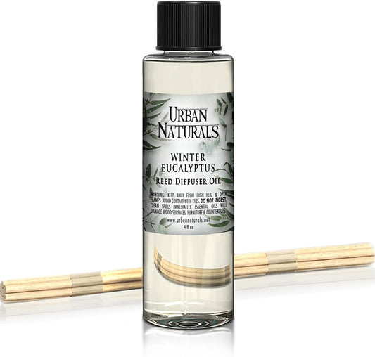 Urban Naturals Reed Diffuser Oil Refill Winter Eucalyptus, Crisp Eucalyptus, Mint, Spruce, Cedar, Essential Oils, 4 oz + Free Reed Sticks, Made in The USA