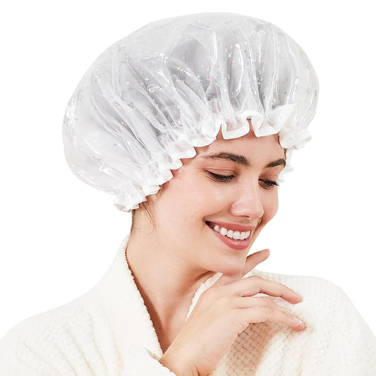 Auban Luxury Shower Cap Reusable Waterproof for Women Sequin Lined Hair Cap for Shower Plastic Cap for Long Hair Large Double Layer Bath Cap Travel Essential & Cleaning Supplies