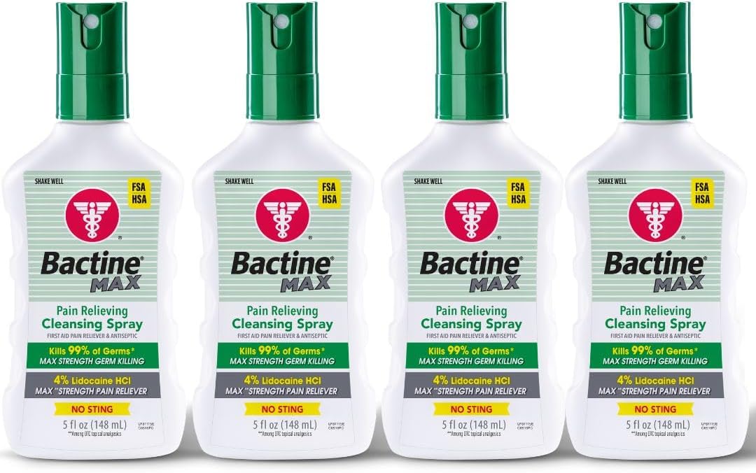 Bactine MAX First Aid Spray - Pain Relief Cleansing Spray with 4% Lidocaine - Numbing Lidocaine Kills 99% of Germs - Pain + Itch Relief for Minor Cuts & Scrapes, Burns & Bug Bites - 5oz, 4 Pack