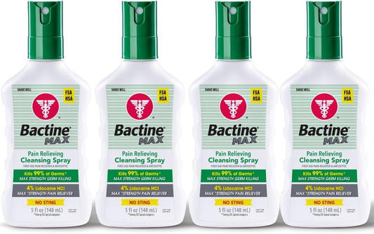 Bactine MAX First Aid Spray - Pain Relief Cleansing Spray with 4% Lidocaine - Numbing Lidocaine Kills 99% of Germs - Pain + Itch Relief for Minor Cuts & Scrapes, Burns & Bug Bites - 5oz, 4 Pack