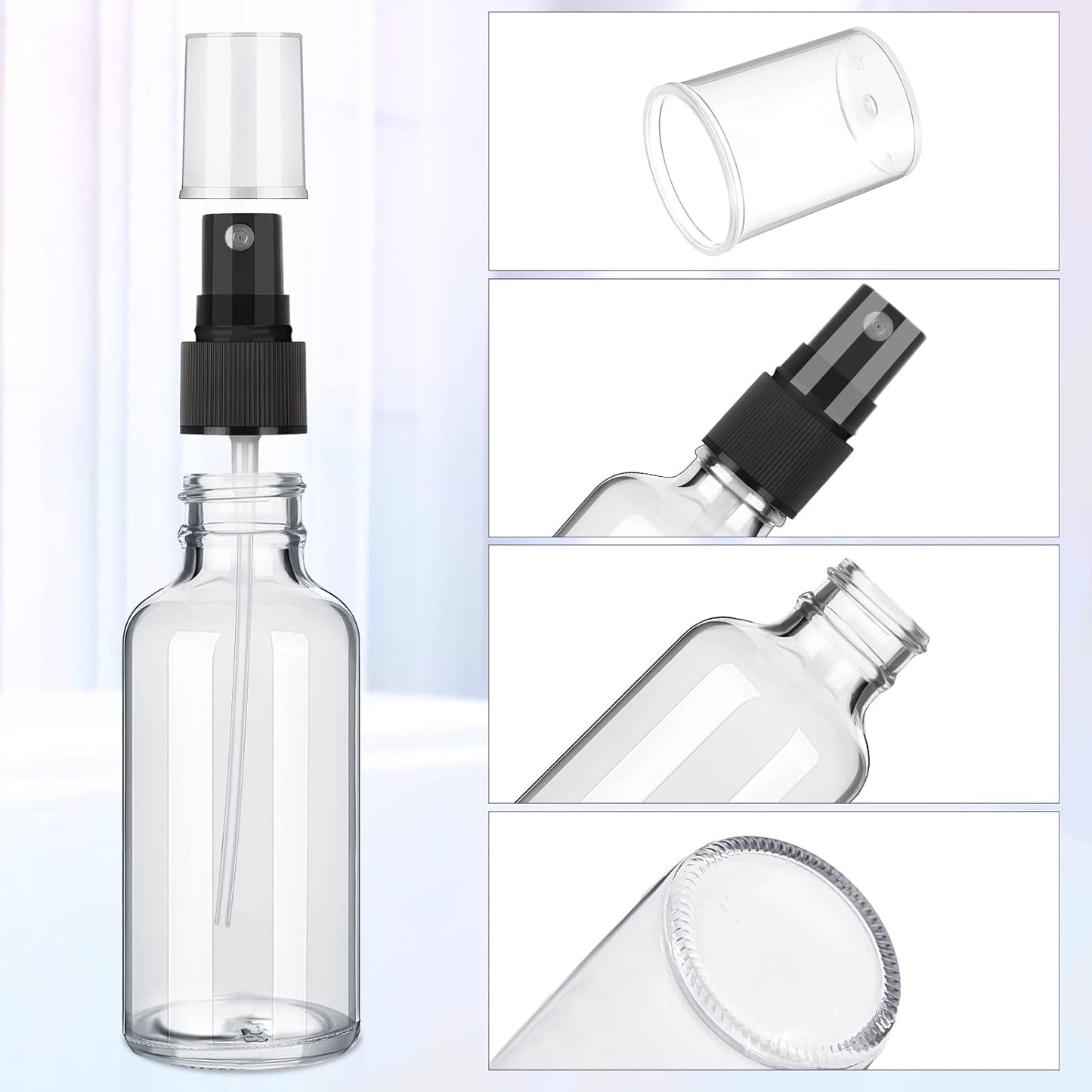 Nuogo 50 Pieces Mini Glass Spray Bottles Bulk 4 Oz Fine Mist Glass Bottles with Funnel Dropper and Cleaning Brush Refillable for Essential Oils, Perfumes and Aromatherapy(Transparent)