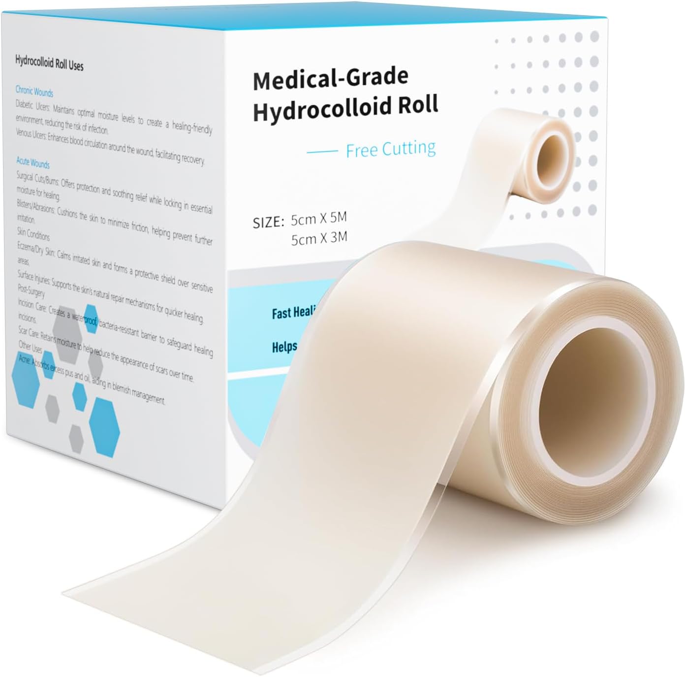 Hydrocolloid Roll for Wound Care ‌Edge-Peel with Edges,（2in*10ft） Cut-to-Size Extra Large Hydrocolloid Patch Bandages with Self-Adhesive, Ultra Absorbent, Flexible Waterproof, First Aid Kit Essential