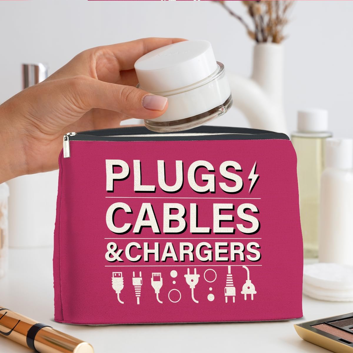 Pink Charger Storage Makeup Bag Gifts for Women Cosmetic Bag Zipper Pouch for Travel Vacation Business