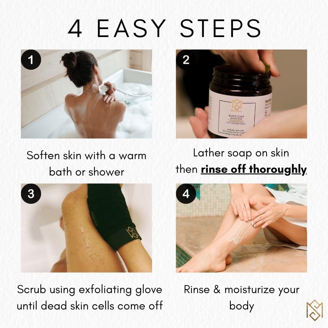 Exfoliating Glove Kessa Mitt Body Scrubber - Dead Skin Remover Shower Glove for Dead Skin Scrubbing and Deep Pore Cleansing - by MoroccanSource (3 Piece spa Set)