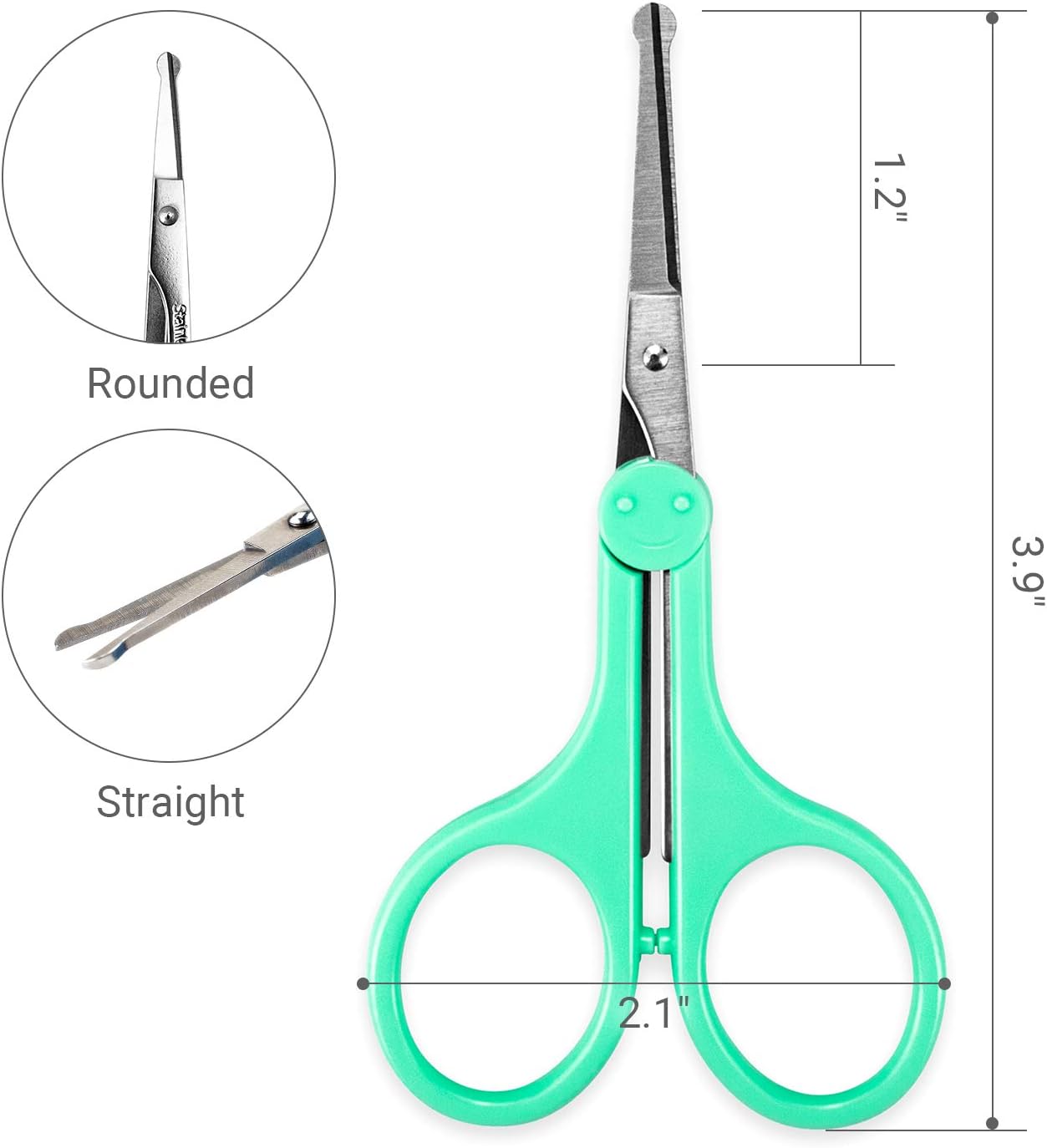 Eyebrow Scissors, Small Scissors for Facial, Nose, Eyebrow, Mustache, and Beard Hair Trimming & Grooming, Safety Edge, Green Long Cap