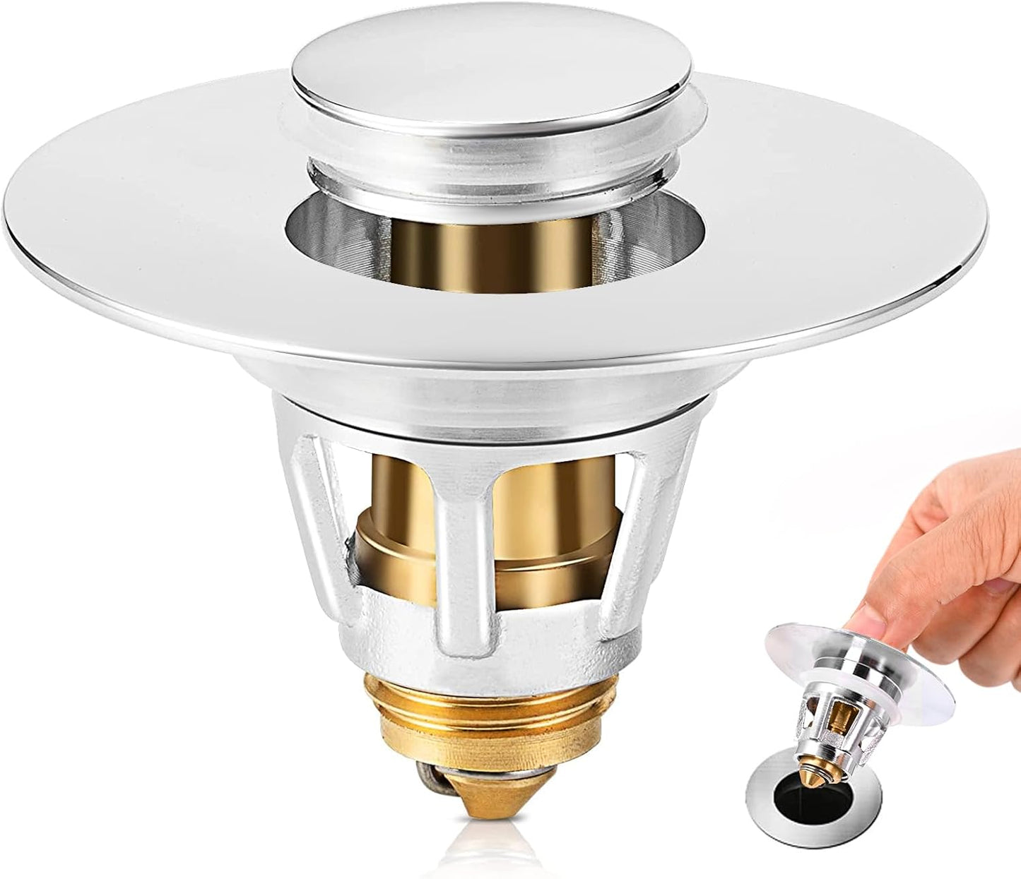 SHAP+ Universal Bathroom Sink Stopper, Fits 1.06-1.5 Inch, Premium Basin Pop Up Sink Drain Strainer, Anti-Leakage and Clogging, with Hair Catcher, Made Brass, Chrome Plated